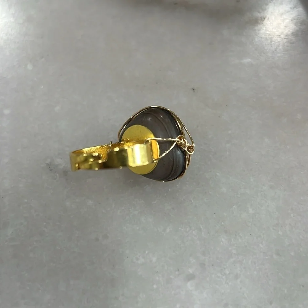 Handmade Eye Agate Adjustable Ring Gold Wire Wrapped Protection Statement Ring